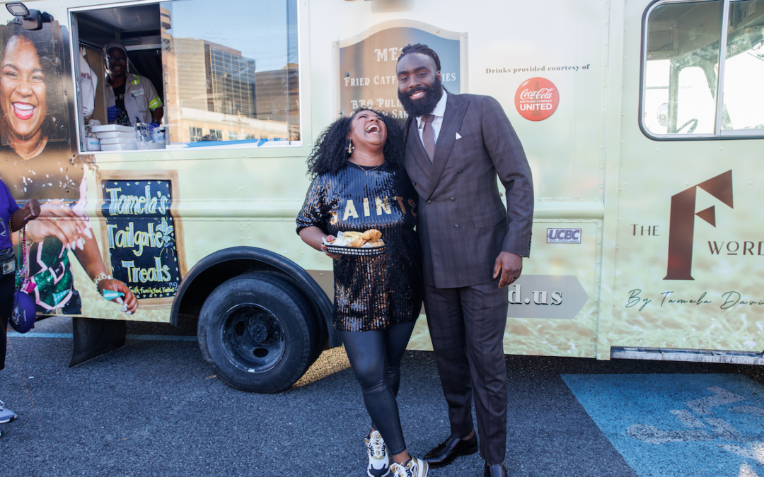 Tamela Tailgate Treats, Demario Davis in front of The F Word Food Truck, Wife Image